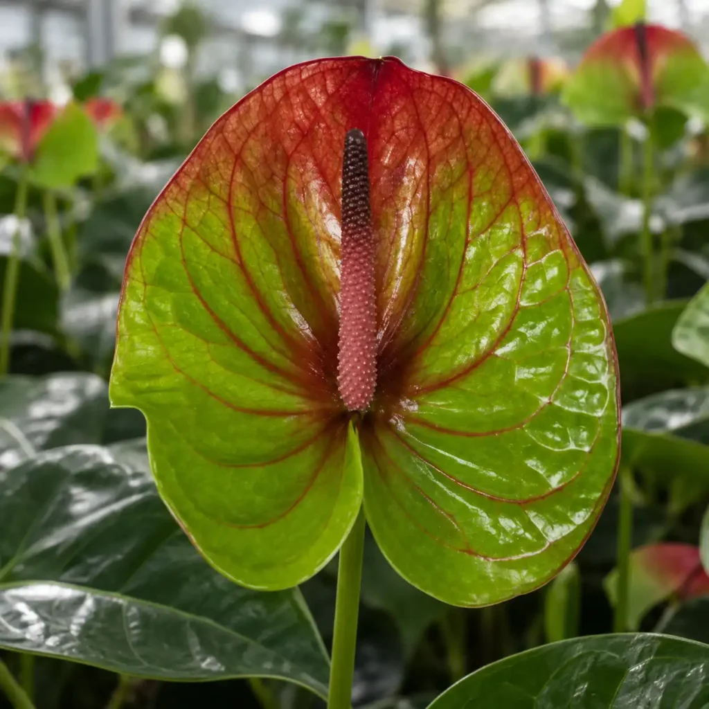 Anthurium Absolute bicolore verde e rosso-bronzo con spadice rosa scuro coltivato in serra.