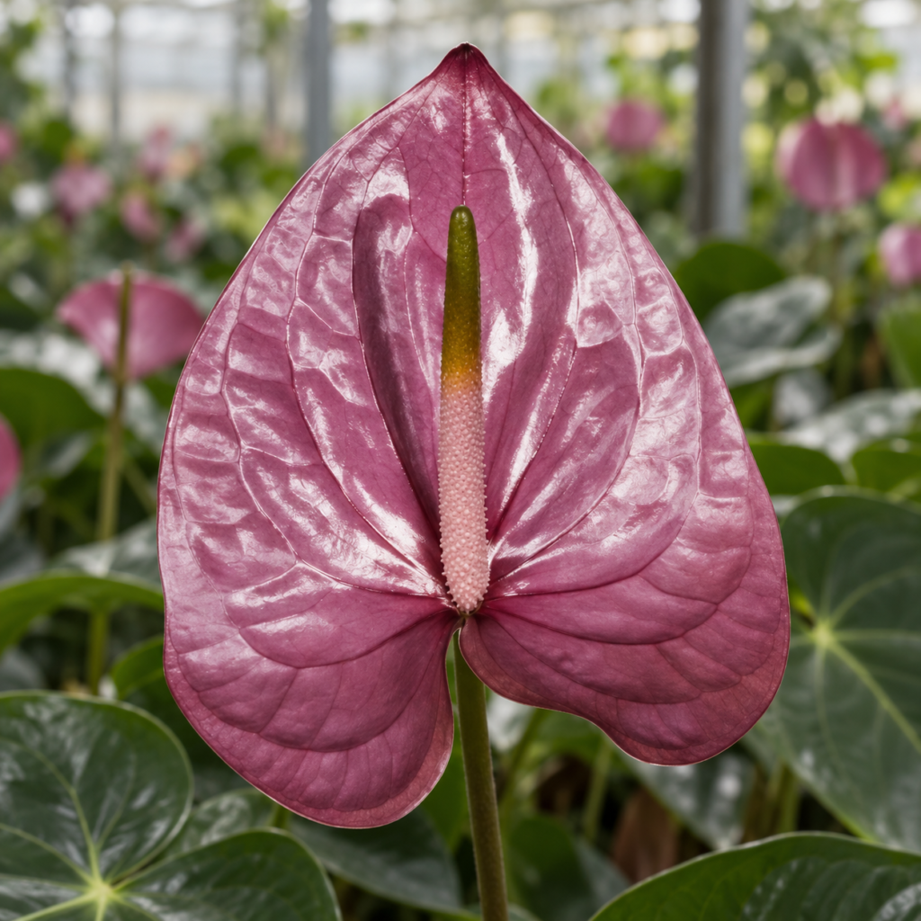 Anthurium Kaleo viola malva con spadice rosa chiaro e apice verde oliva coltivato in serra.