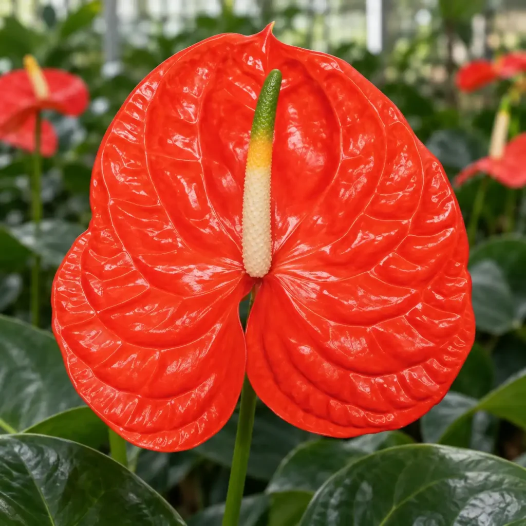 Anthurium Sun Eye rosso-arancio con spadice crema e apice verde coltivato in serra.