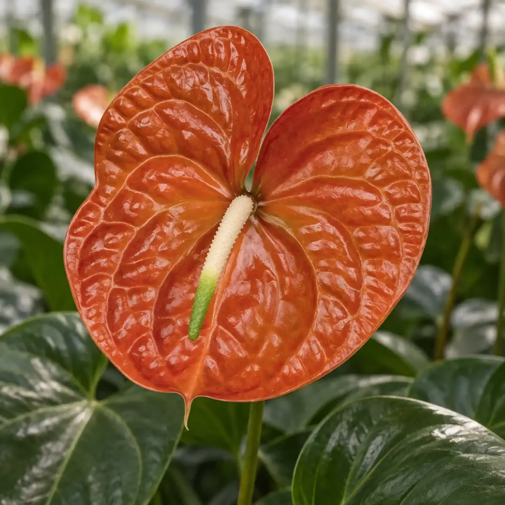 Anthurium Terrasol color terracotta ramato con spadice crema e punta verde coltivato in serra.