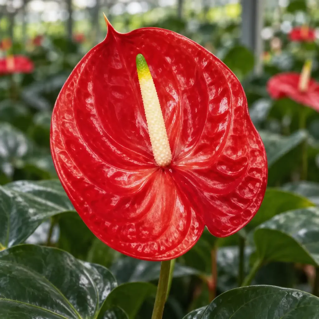 Anthurium Tropical rosso brillante con spadice crema e apice verde coltivato in serra.