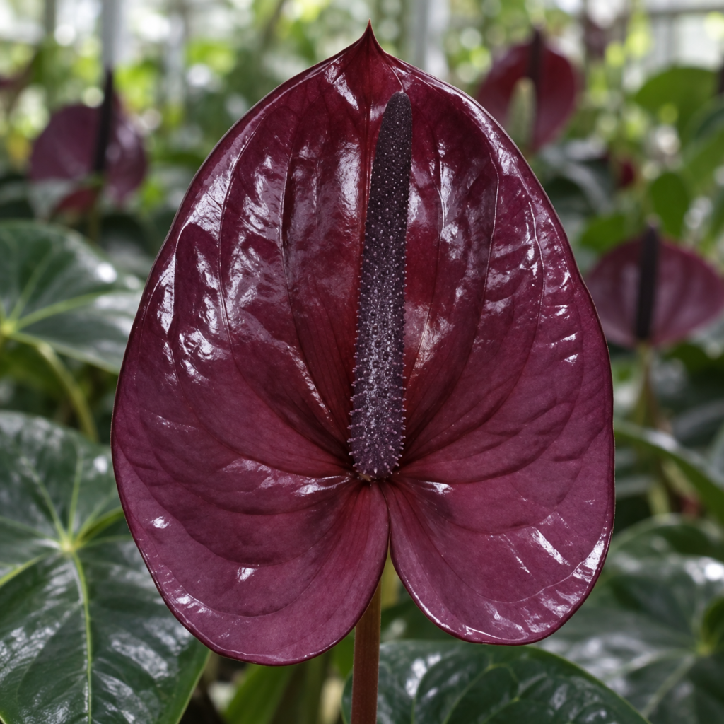 Anthurium Utha viola prugna con spadice porpora scuro coltivato in serra.