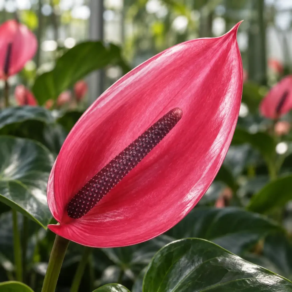 Anthurium Xavia rosa intenso dalla forma allungata con spadice porpora coltivato in serra.